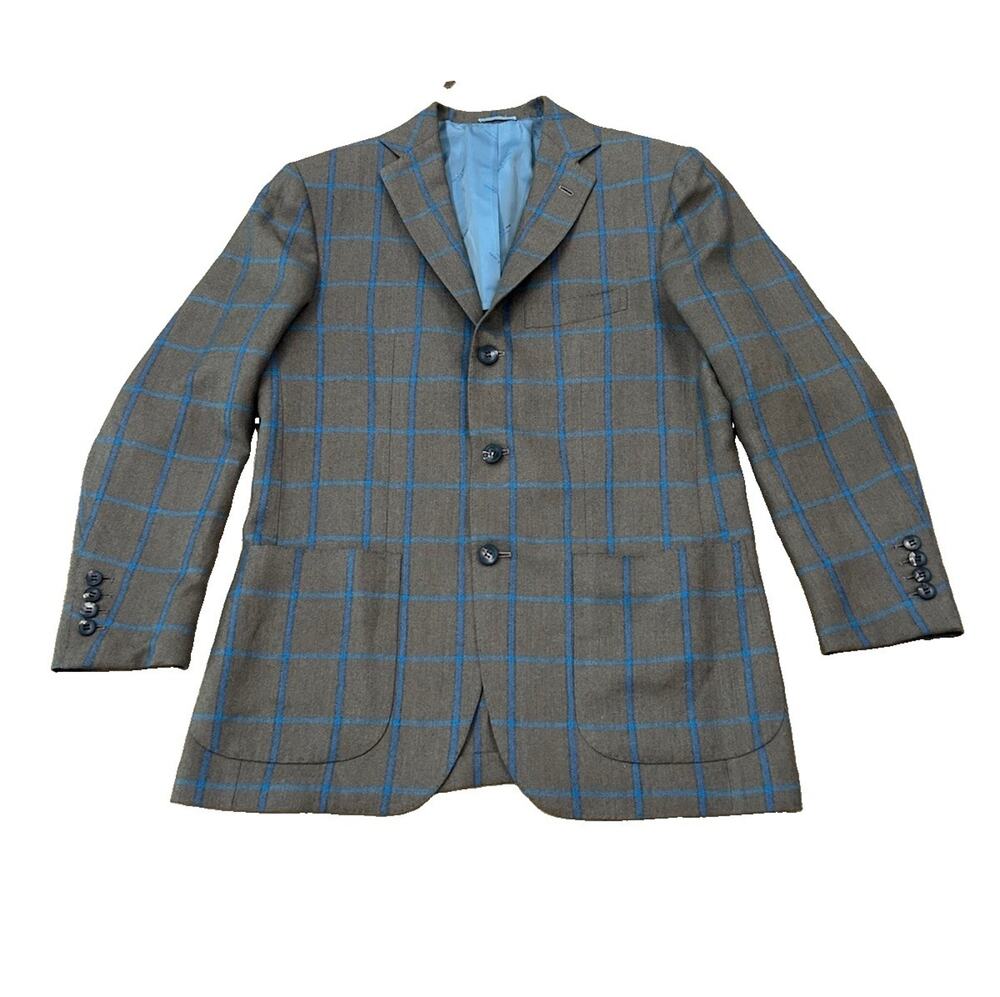 Kiton Napoli Brown Blue Windowpane Sport Coat Cashmere Linen Silk 40R -